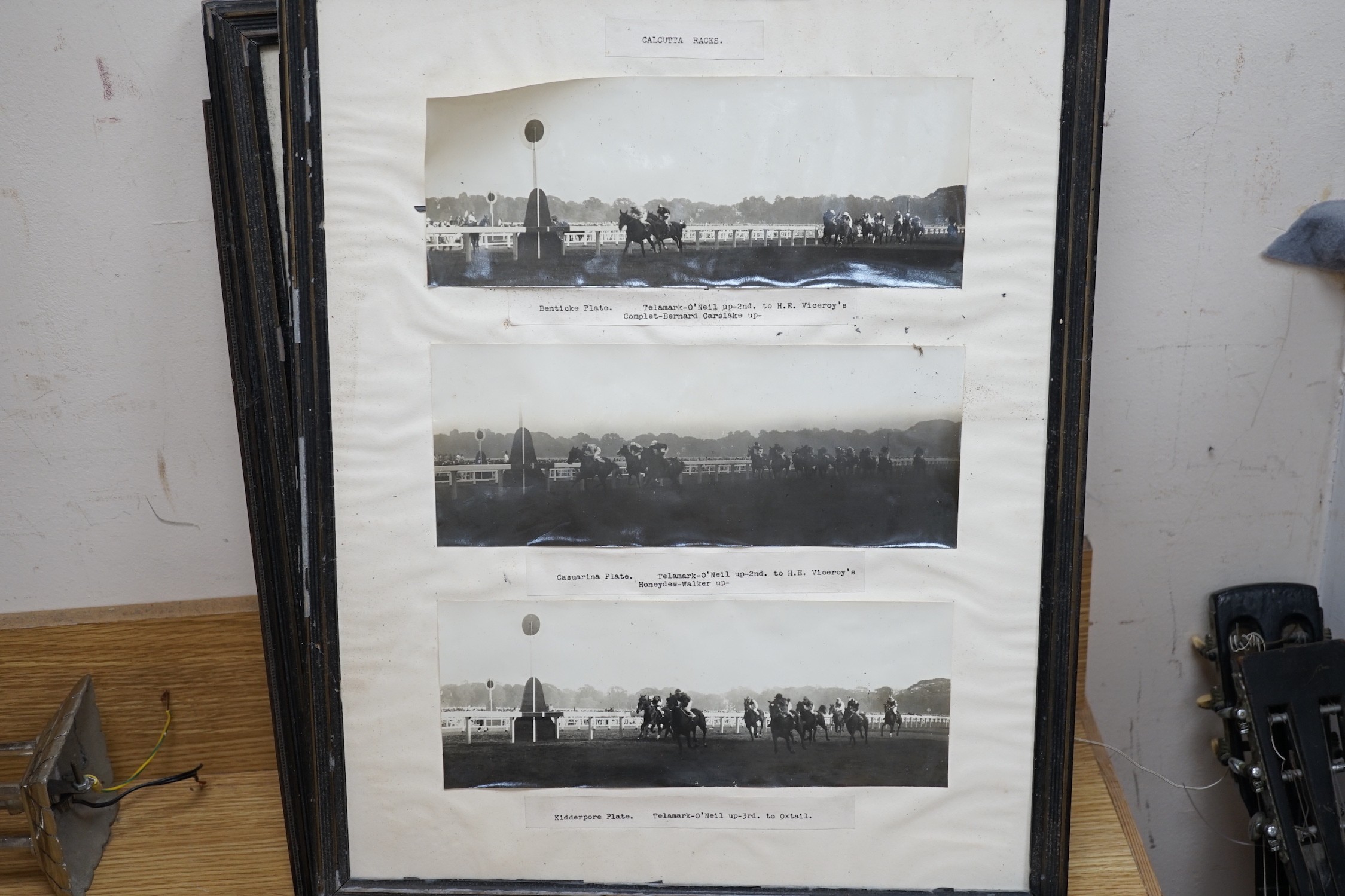 D M & E M Alderson, pair of watercolours, Portraits of racehorses c.1943/48 raced at Calcutta, together with a group of related photographs and ephemera, signed and dated, 38 x 52cm